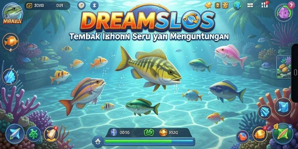 Tampilan gameplay DREAMSLOTS saat menangkap ikan dengan berbagai senjata.
