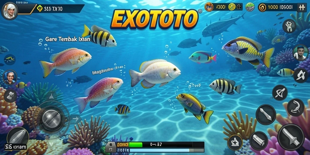 Screenshot gameplay EXOTOTO menampilkan aksi menembak ikan yang seru.